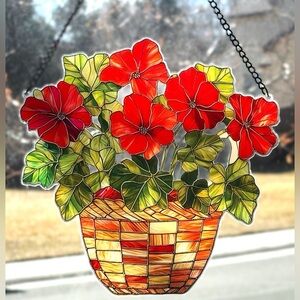 Red Petunias in Wood Hanging Flower Basket Acrylic Sun Catcher Window Hanging